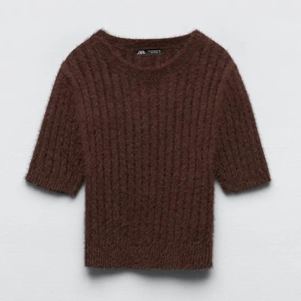 Zara Fuzzy Cropped Brown Knit Sweater Large L